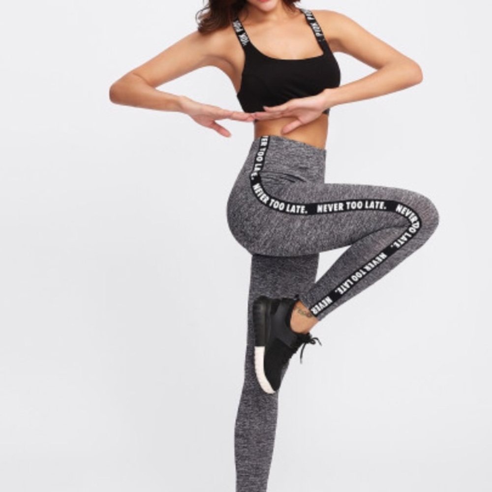 Letter Print Side Marled Knit Leggings - Picture 2 of 2